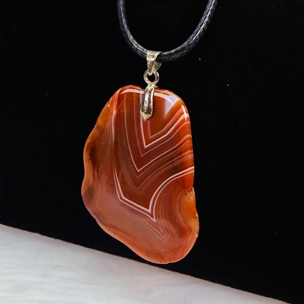 Vintage Banded Agate Slice Pendant Black Cord Necklace Natural Stone